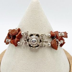 Vintage Goldstone Silver Tone Beaded Bracelet Double Strand Box Clasp 7.5" READ